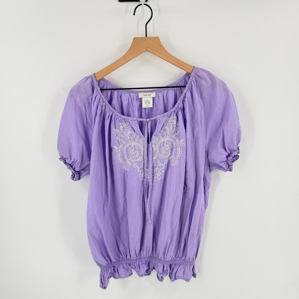Kate Hill Lavender Purple Peasant Blouse with White Embroidery